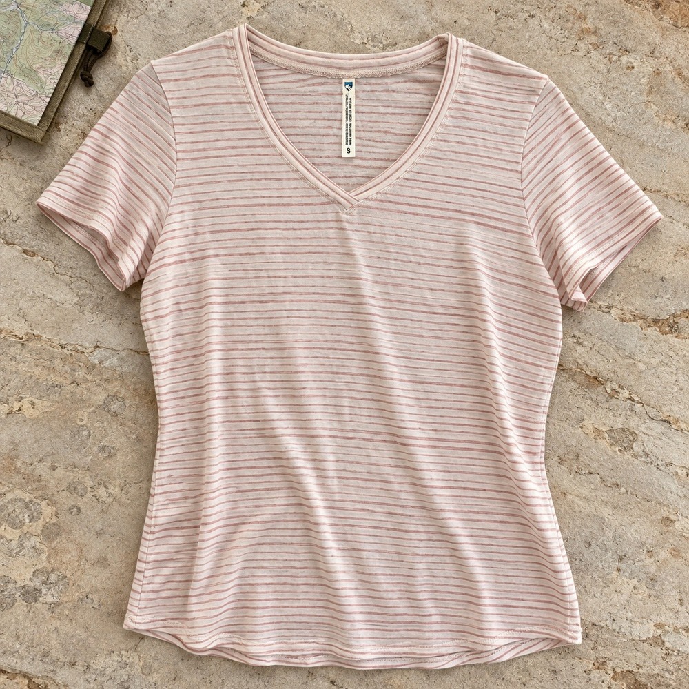KUHL Womens Striped V-Neck T-Shirt Short Sleeve Pink Cream Small